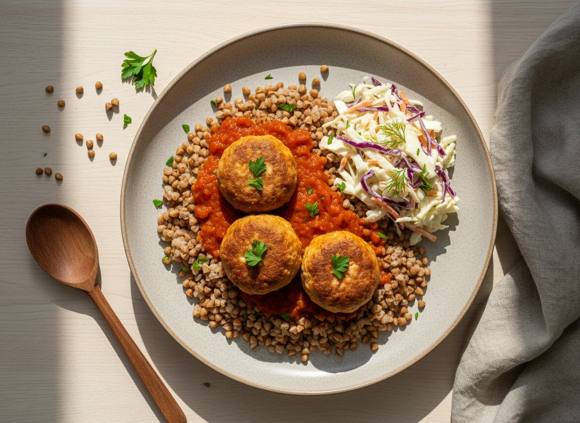 Гречка с тефтелями и капустным салатом photo