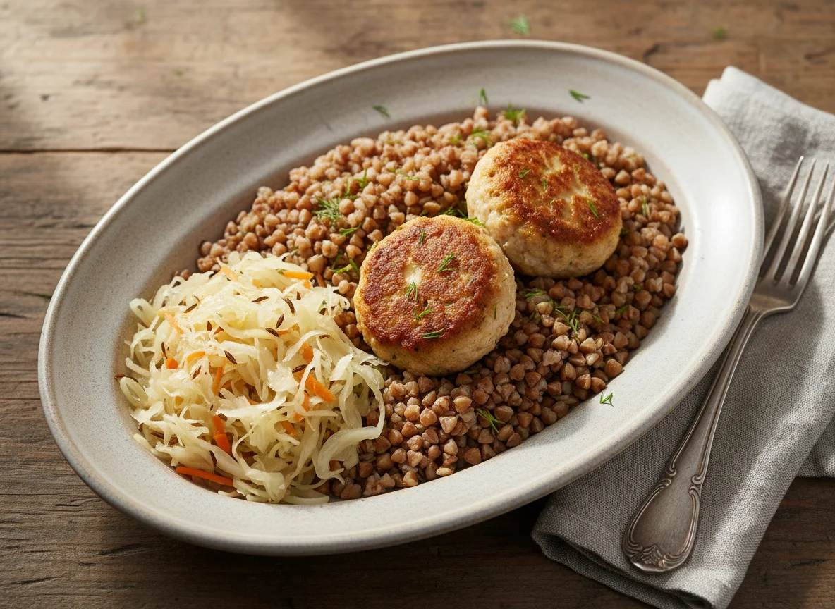 Гречка с тефтелями и квашеной капустой photo