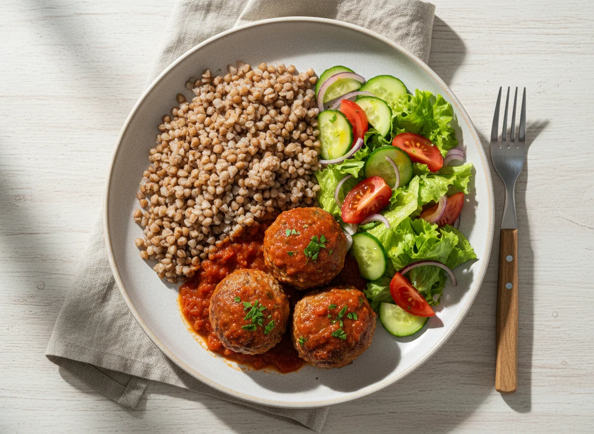 Гречка с тефтелями и овощным салатом photo