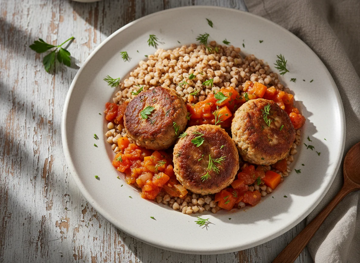 Гречка с тефтелями и овощным соусом photo