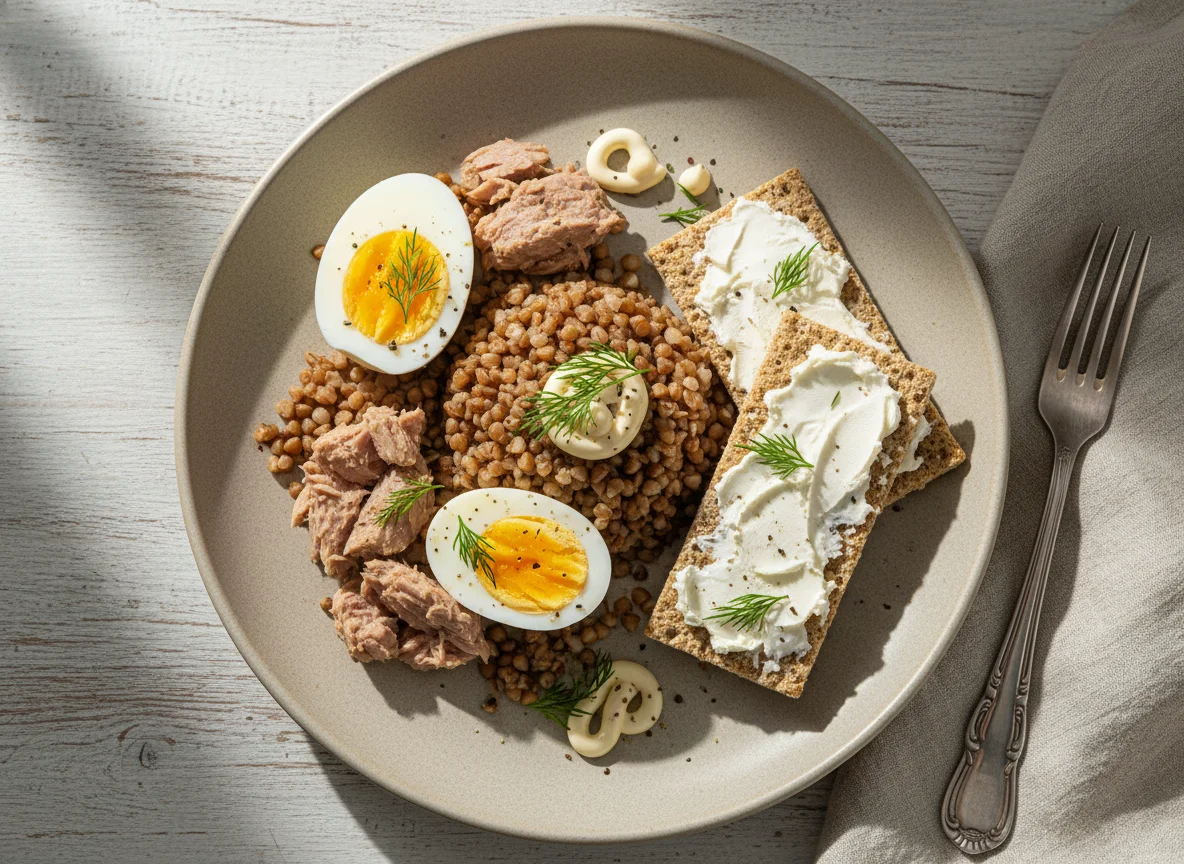 Гречка с тунцом, яйцом и хлебцем photo