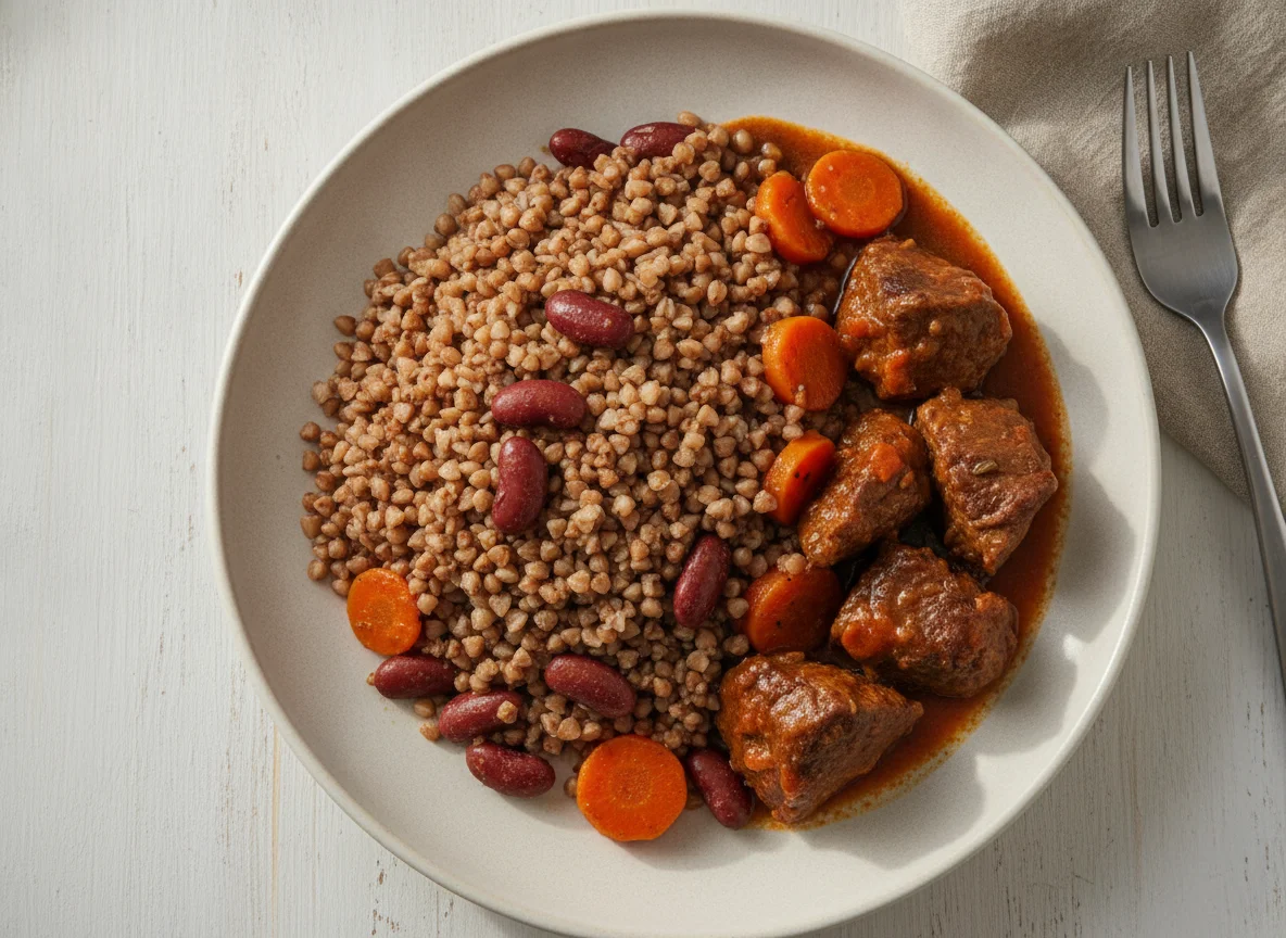 Гречка с тушеной говядиной и овощами photo