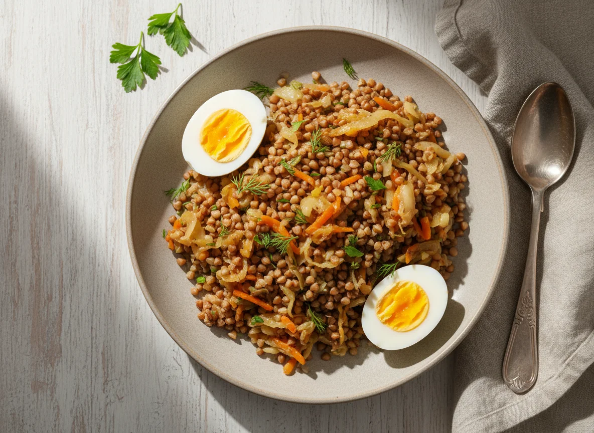 Гречка с тушеной капустой и яйцами photo