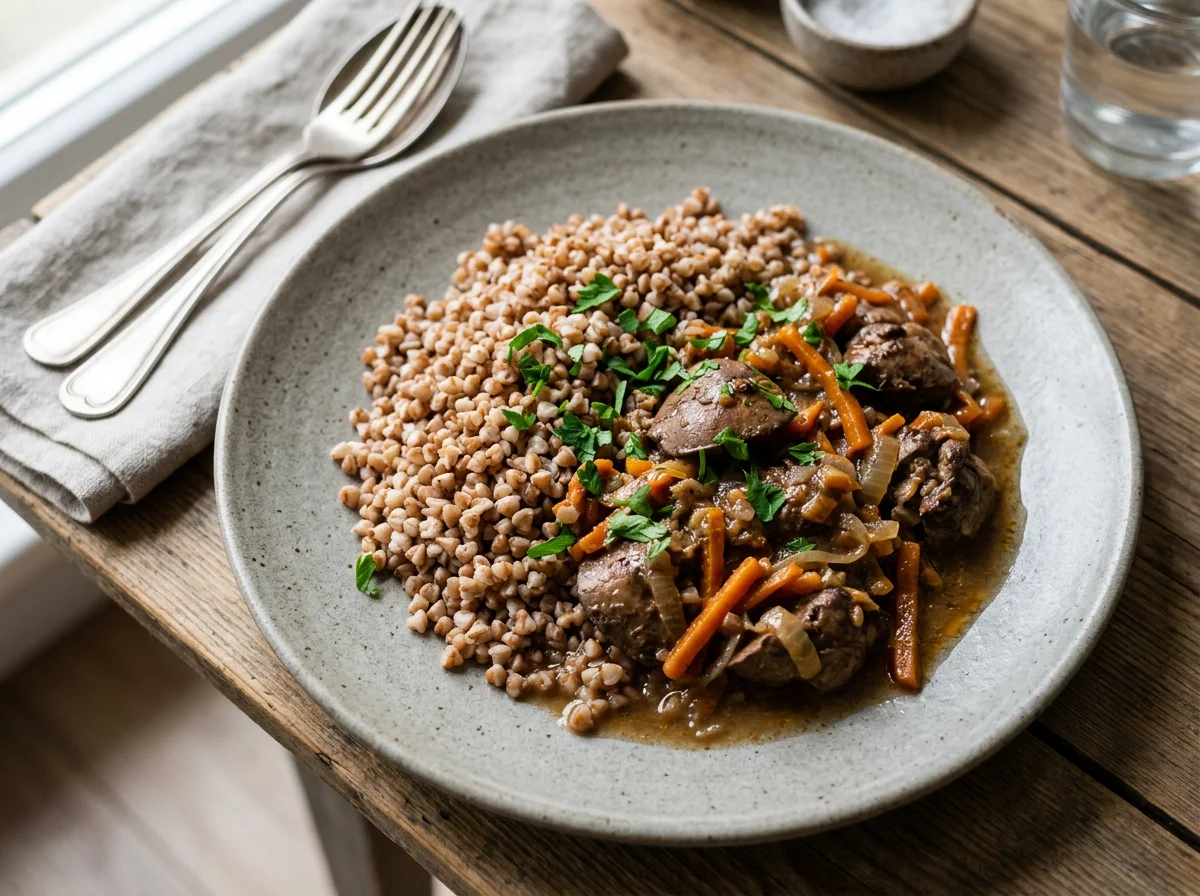 Гречка с тушеной печенью photo