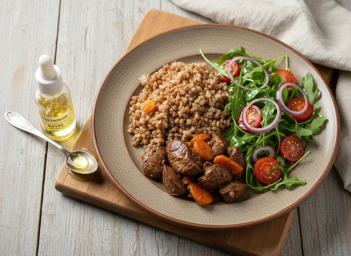 Гречка с тушеной печенью и овощным салатом photo