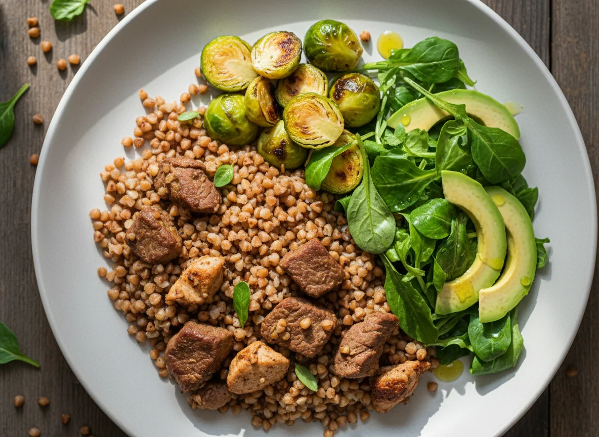 Гречка с тушеным мясом, брюссельской капустой и зеленым салатом photo