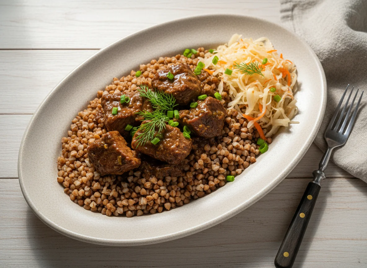 Гречка с тушеным мясом и квашеной капустой photo