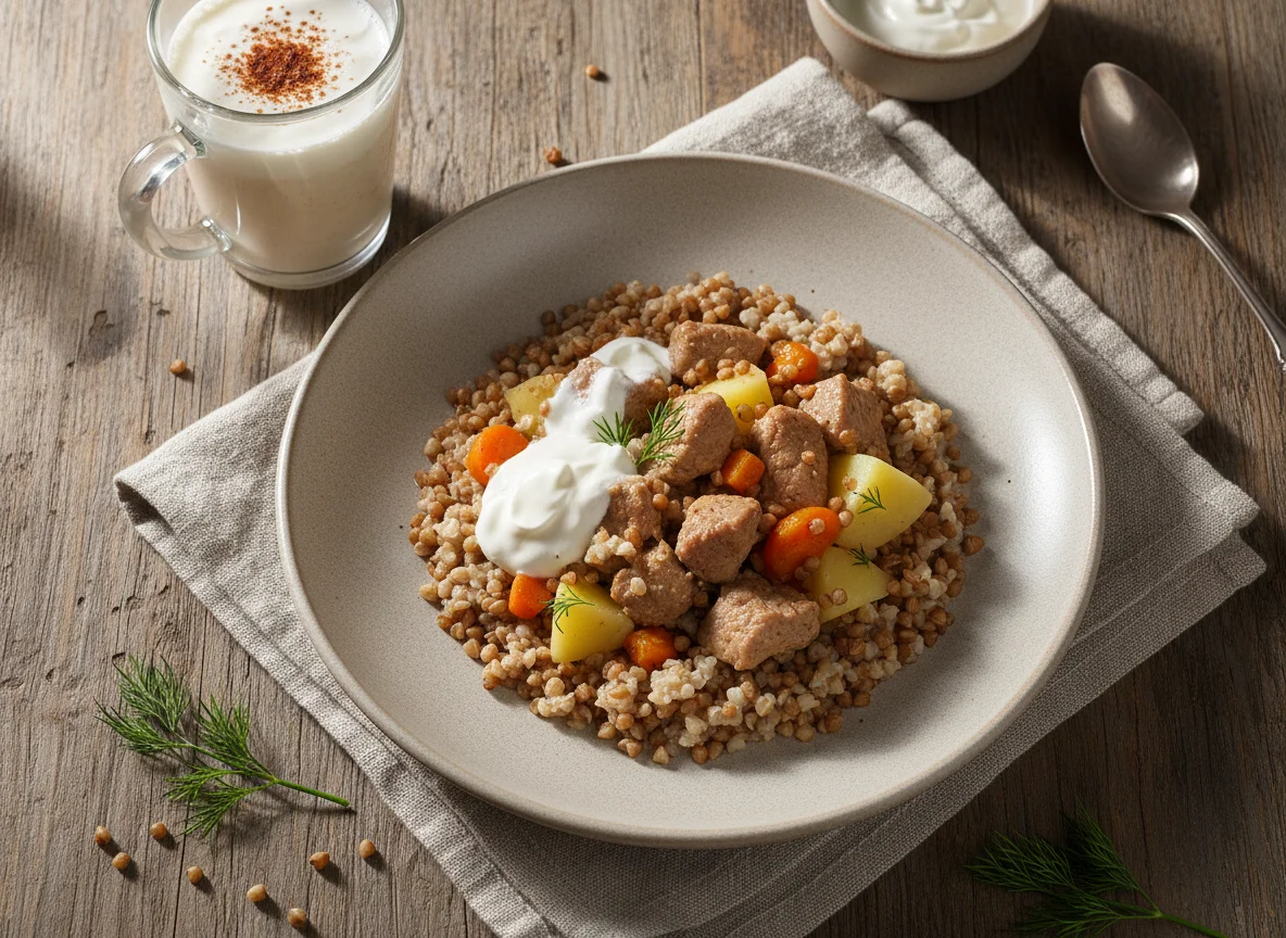Гречка с тушеным мясом и овощами, и молочный напиток с какао photo