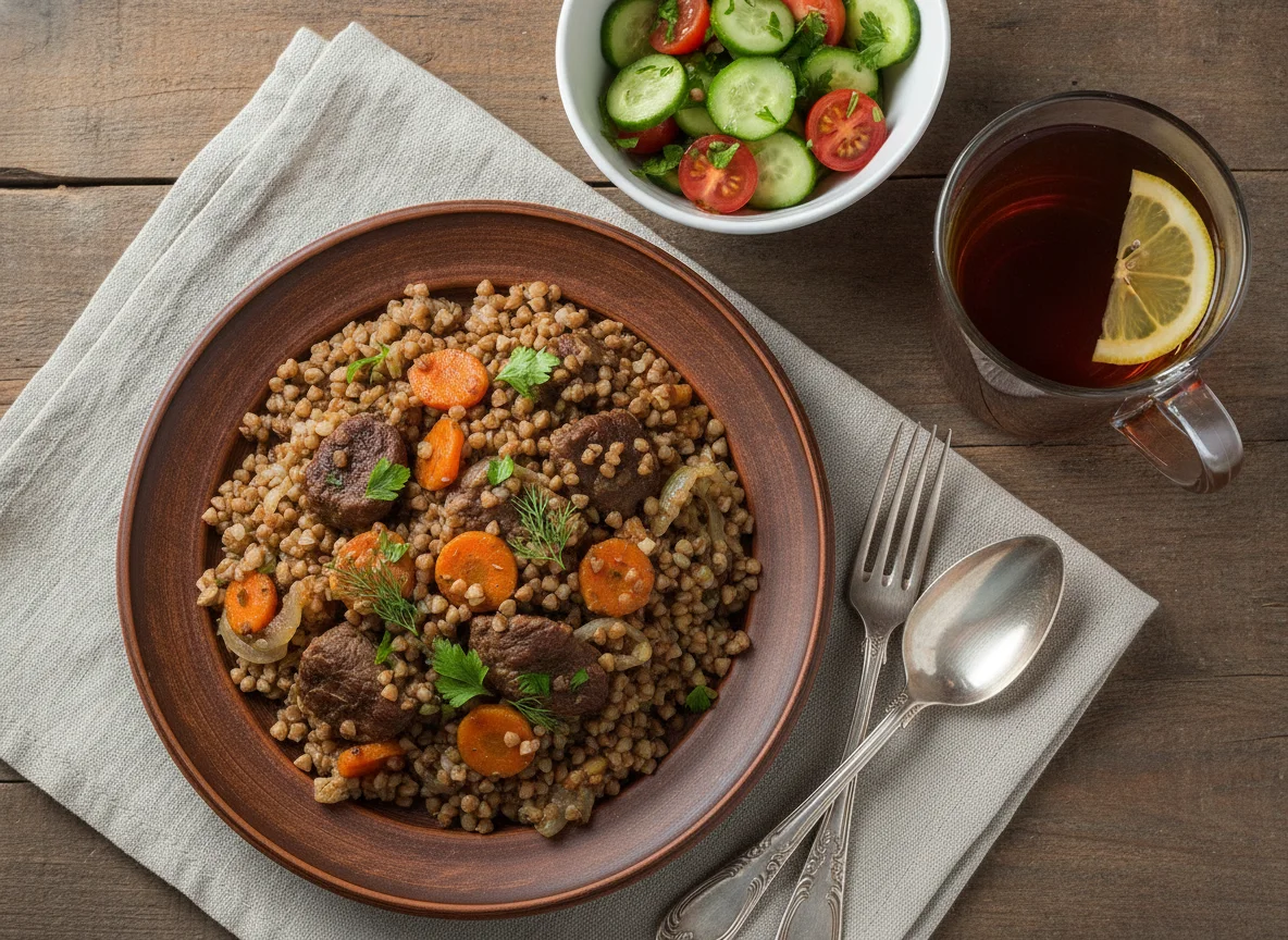 Гречка с тушеным мясом и овощами, свежий салат и чай photo