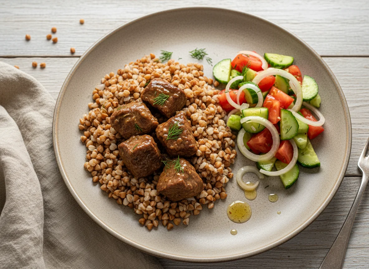 Гречка с тушеным мясом и овощным салатом photo