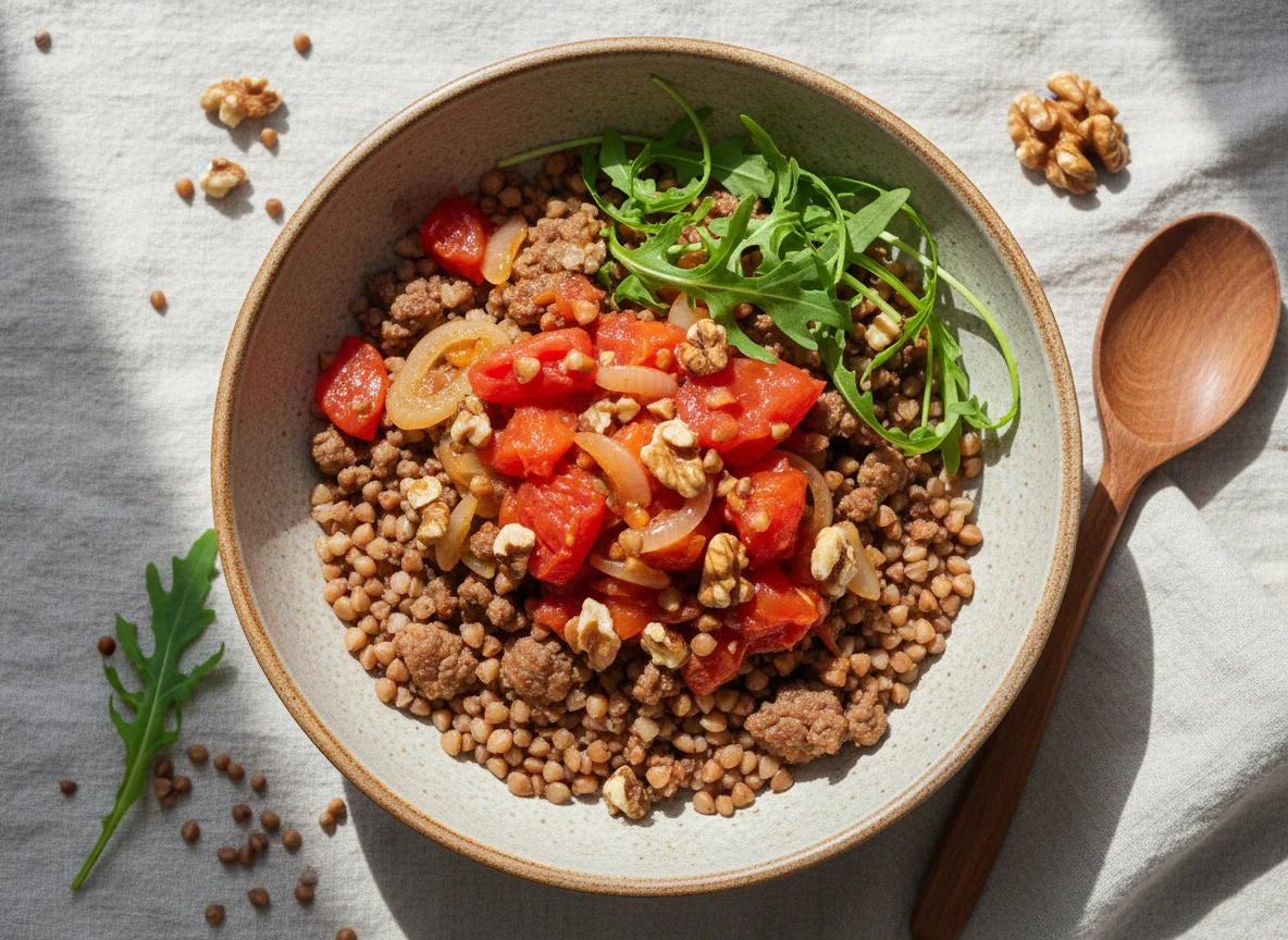 Гречка с тушеными овощами и мясным фаршем photo