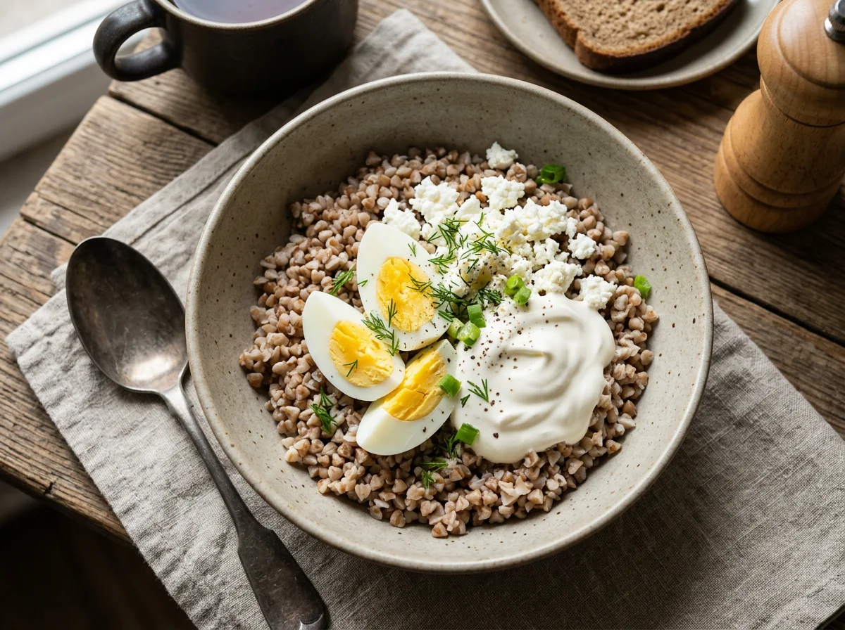 Гречка с творогом, сметаной и яйцом photo