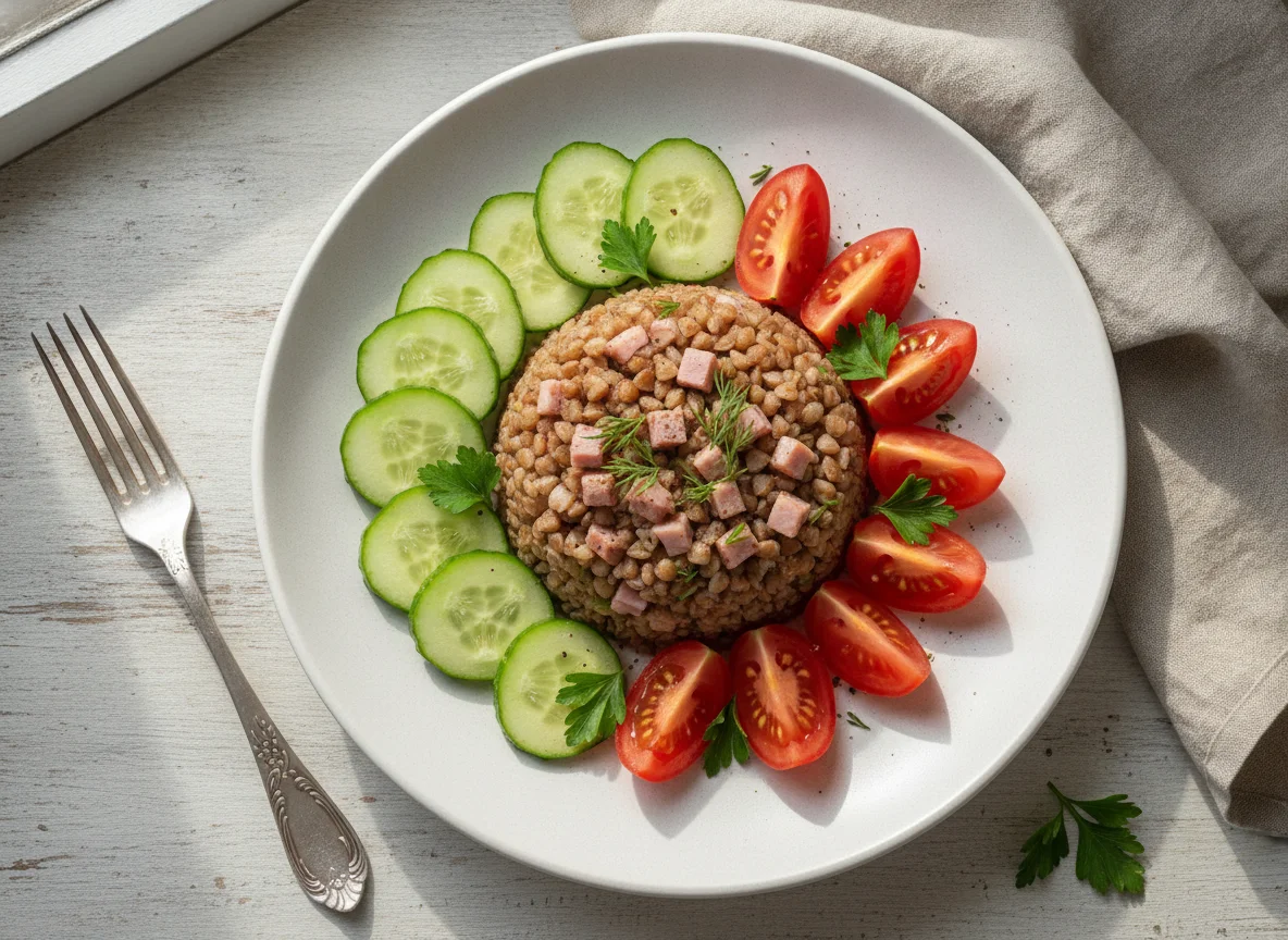 Гречка с ветчиной и овощами photo