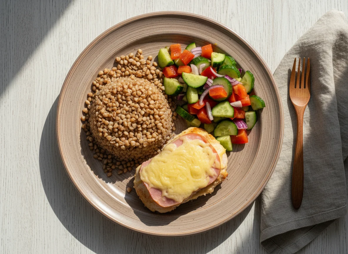 Гречка с запеченным мясом и овощным салатом photo