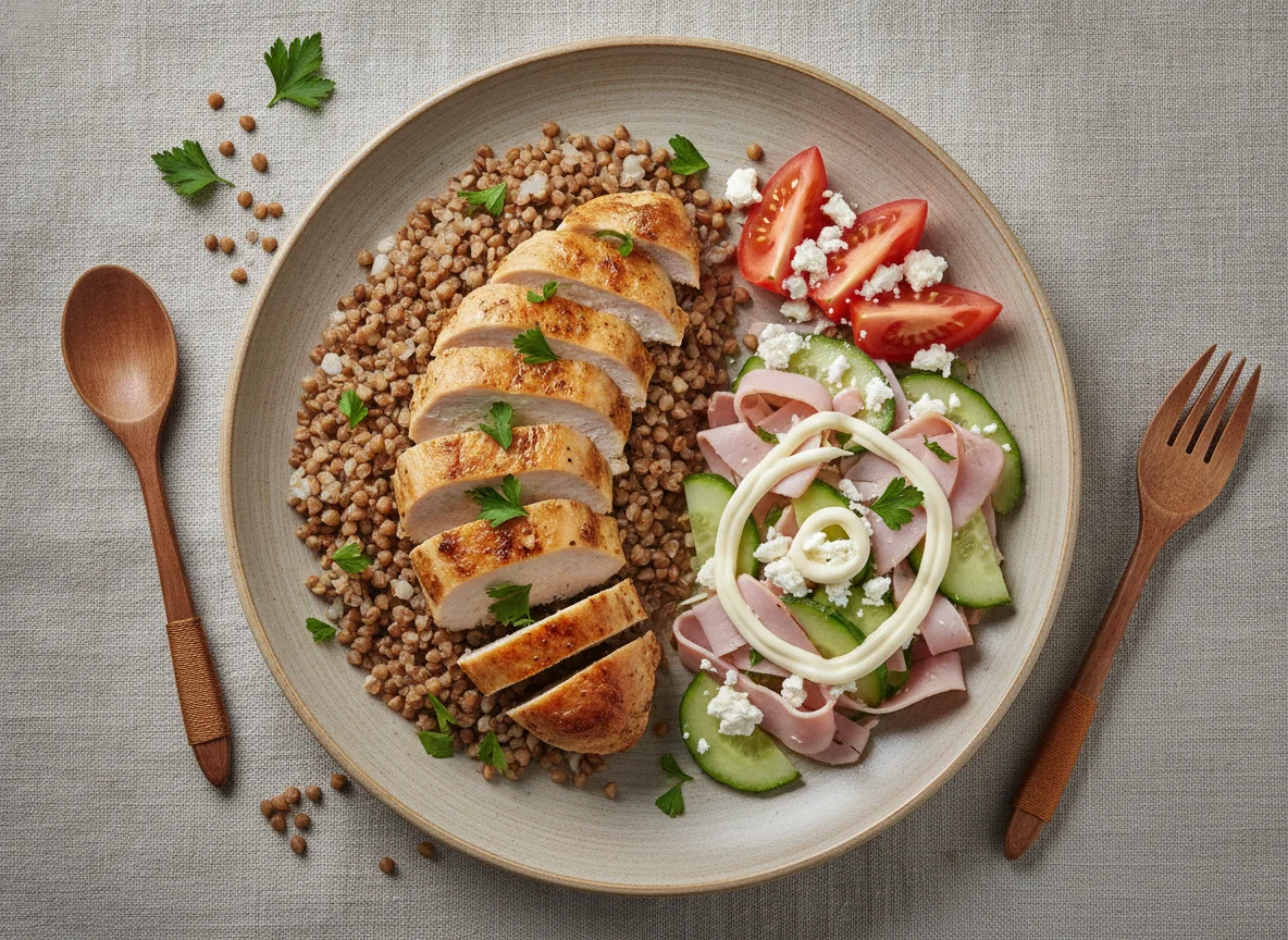 Гречка с запеченным мясом и салат photo