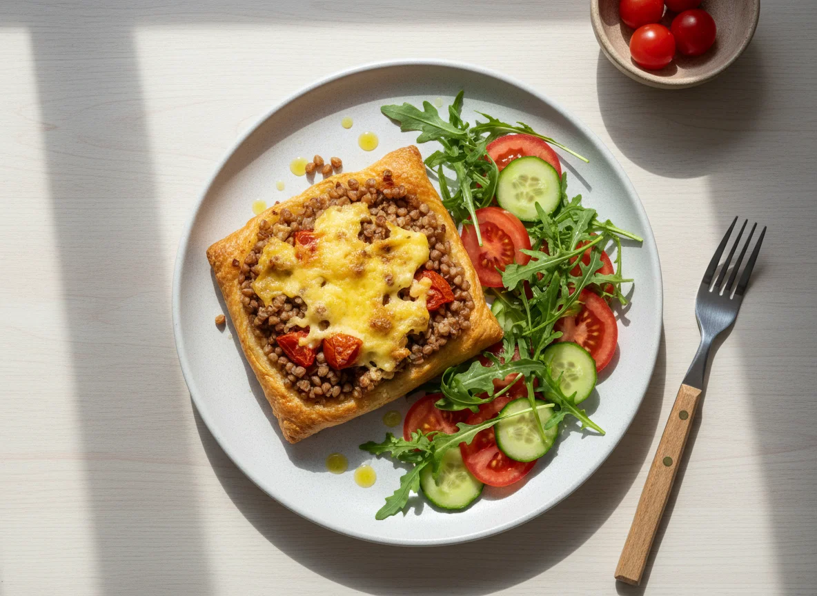 Гречка с запеканкой и овощным салатом photo