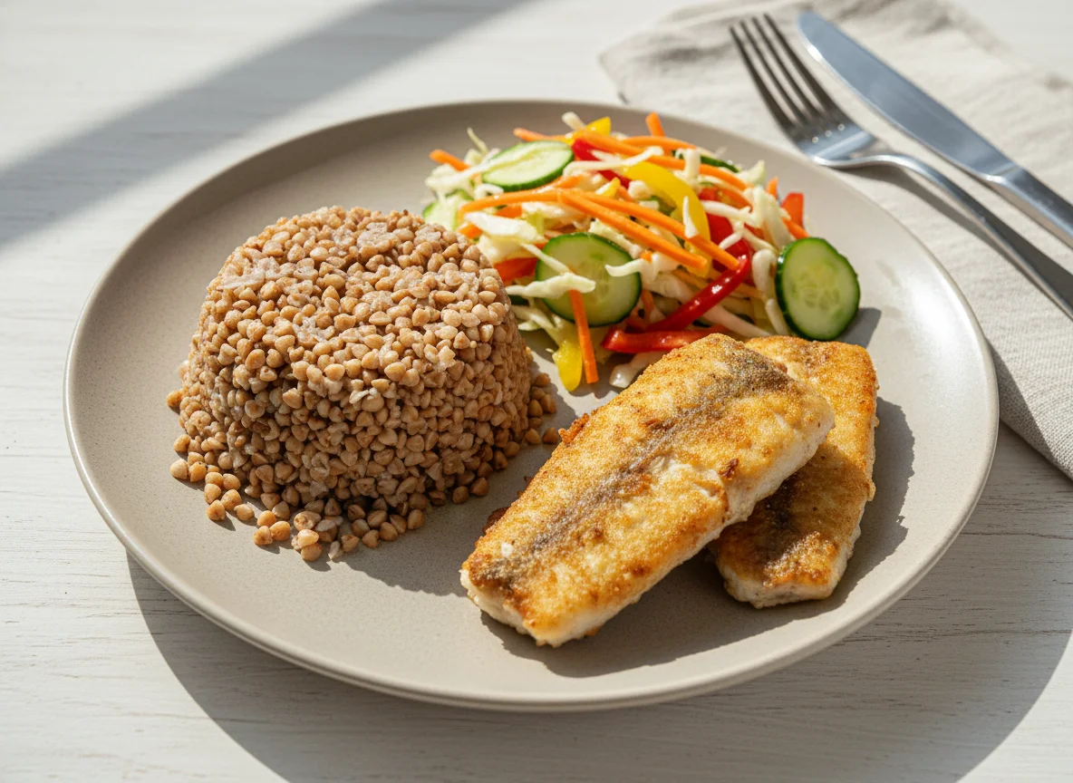 Гречка с жареной рыбой и овощным салатом photo