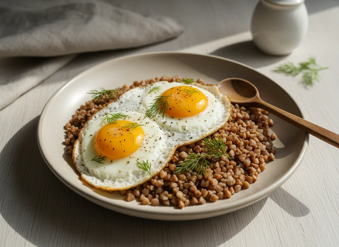 Гречка с жареными яйцами photo