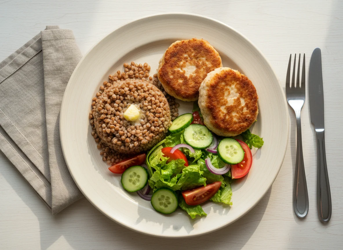 Гречка с жареными котлетами и овощным салатом photo