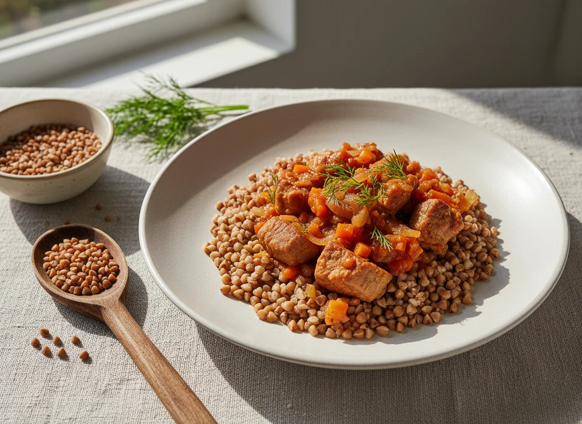 Гречка со свининой и овощным соусом photo