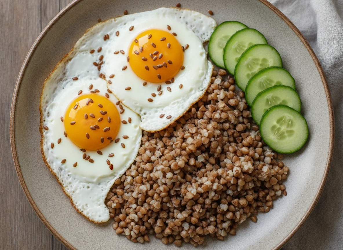 Гречневая каша с яичницей и огурцом photo