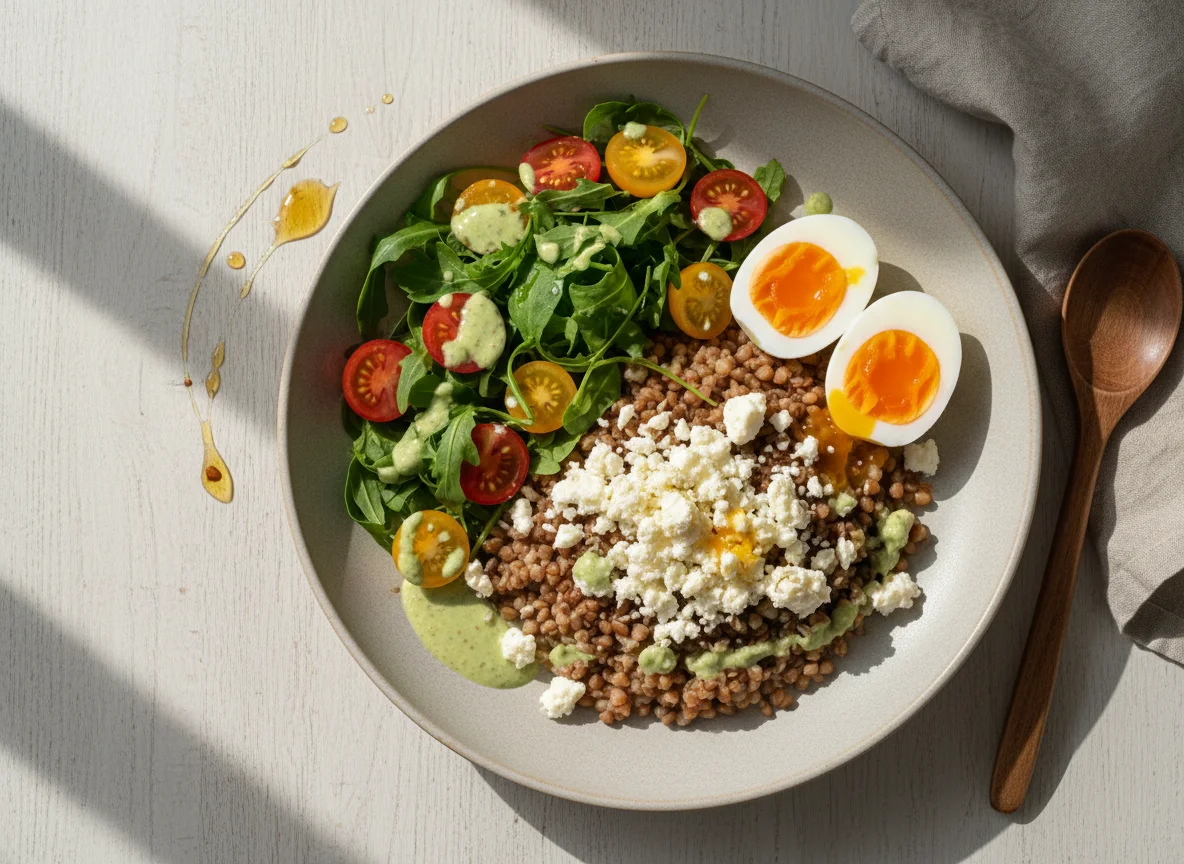 Гречневая каша с яйцами, брынзой и салатом photo