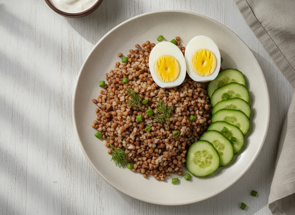 Гречневая каша с яйцами и огурцом photo