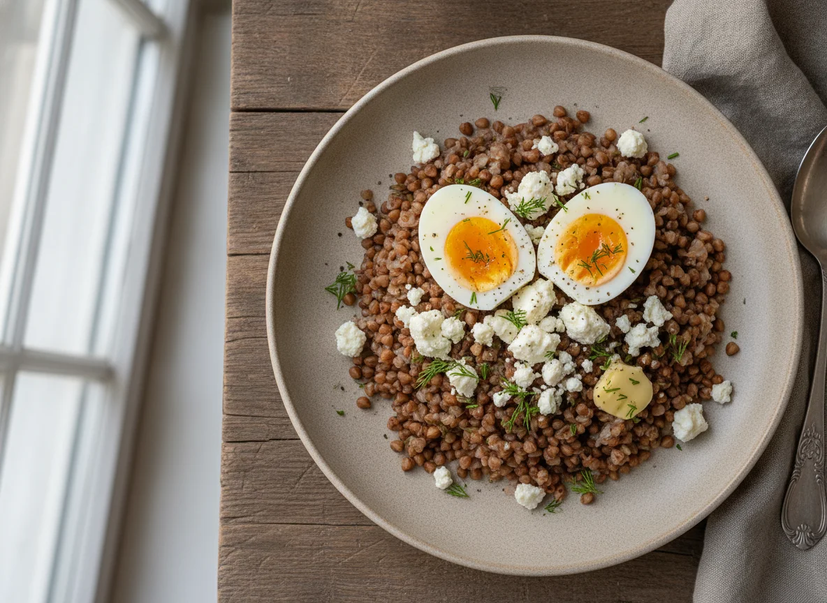 Гречневая каша с яйцами и сыром photo