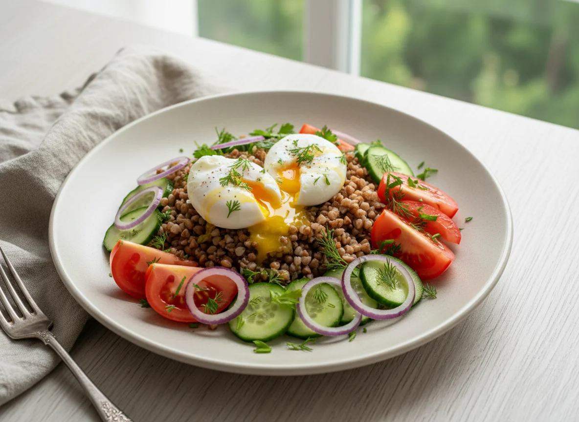 Гречневая каша с яйцами пашот и овощами photo