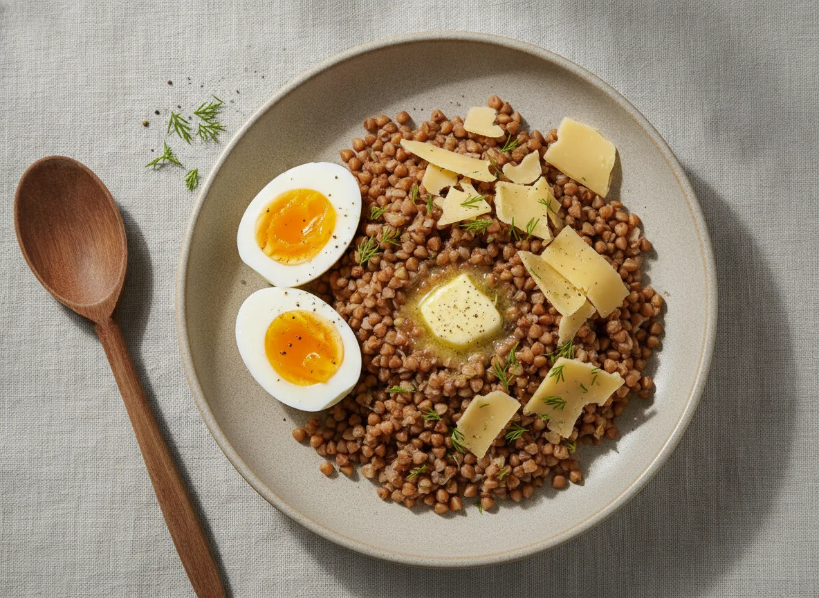 Гречневая каша с яйцом и сыром photo