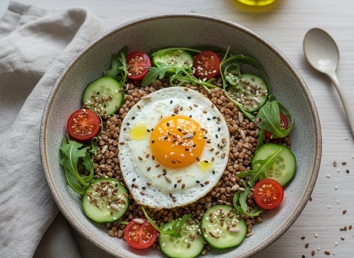 Гречневая каша с яйцом, овощами и семенами photo