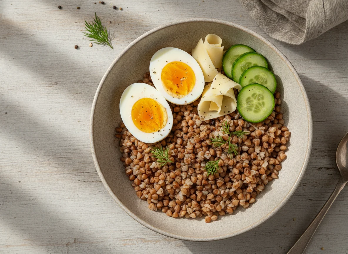 Гречневая каша с яйцом, сыром и огурцом photo