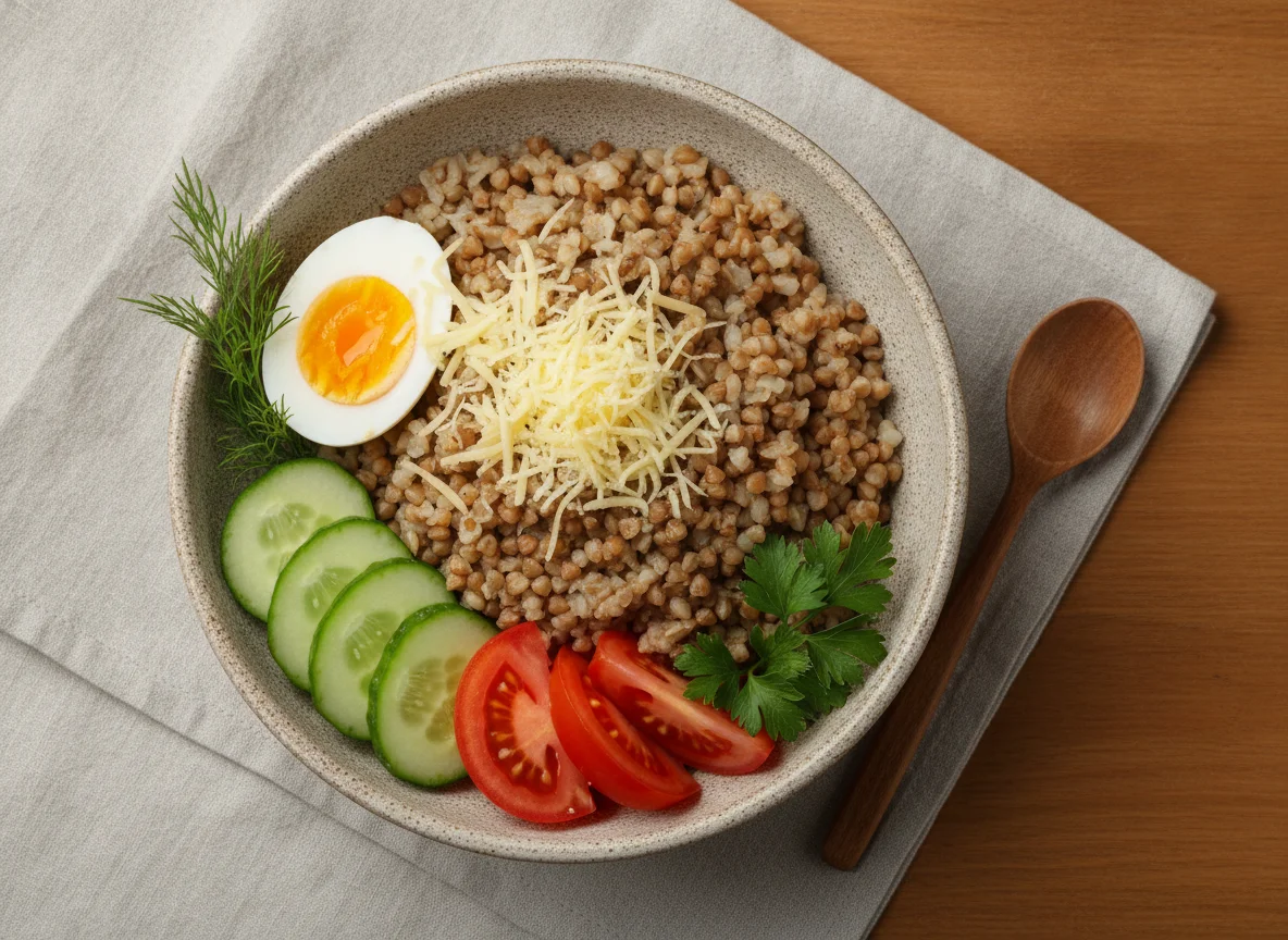 Гречневая каша с яйцом, сыром и овощами photo