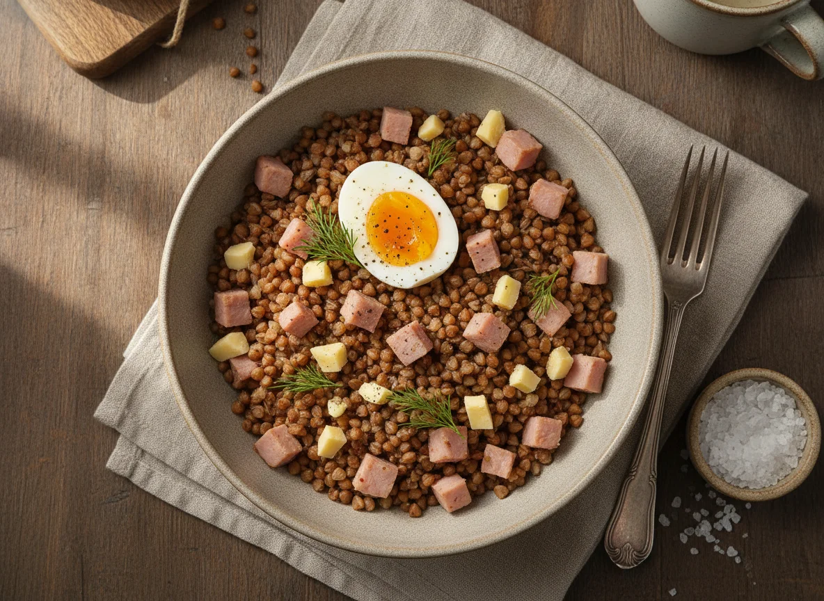 Гречневая каша с яйцом, ветчиной и сыром photo