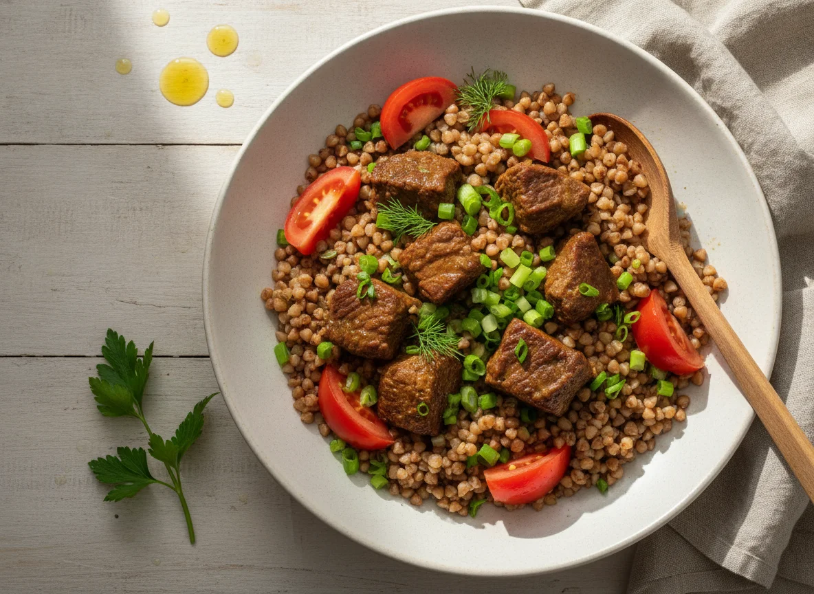 Гречневая каша с говядиной и овощами photo