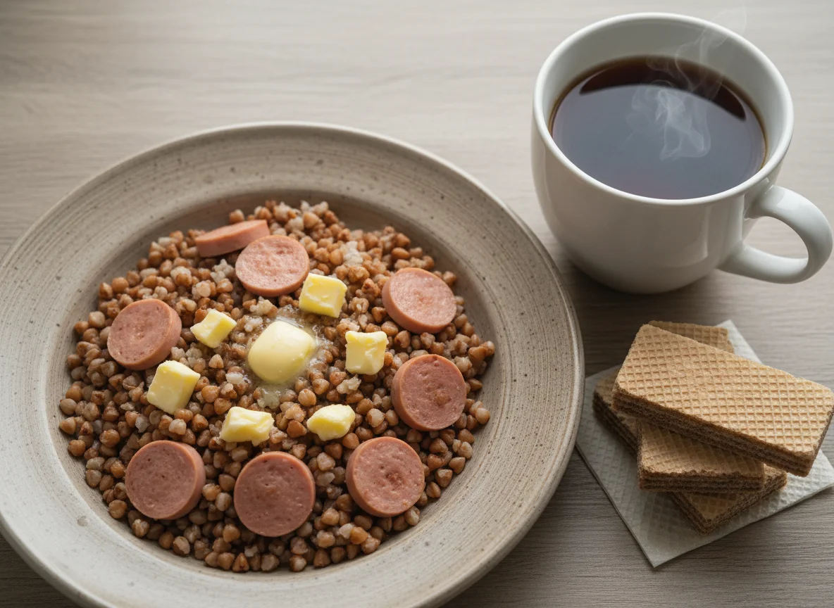 Гречневая каша с колбасой и сыром photo