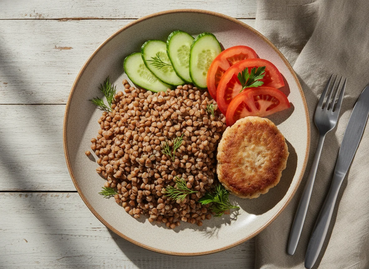 Гречневая каша с котлетой и овощами photo