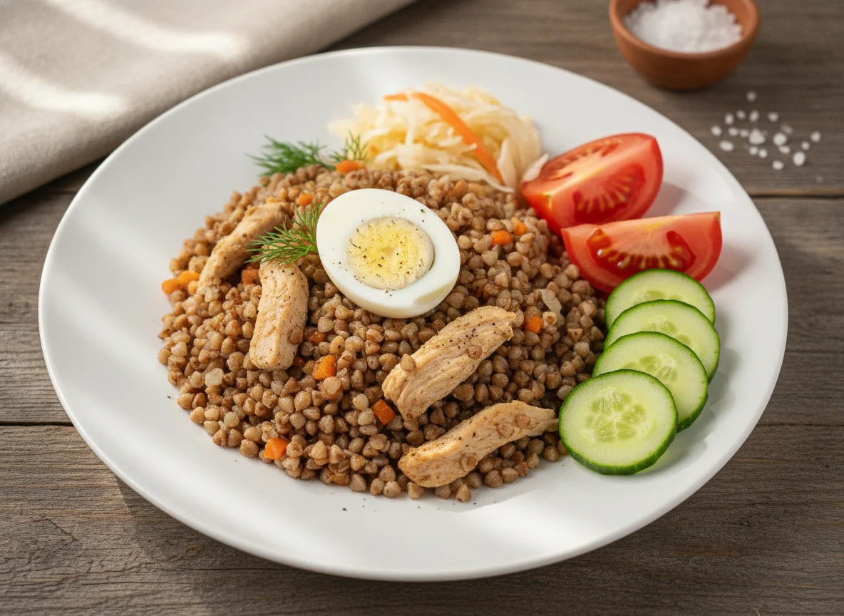 Гречневая каша с курицей, яйцом и овощами photo
