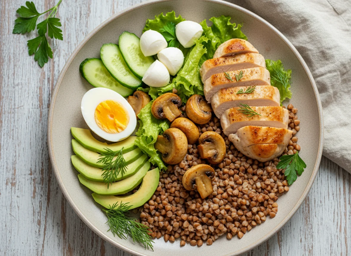 Гречневая каша с курицей, грибами и овощами photo