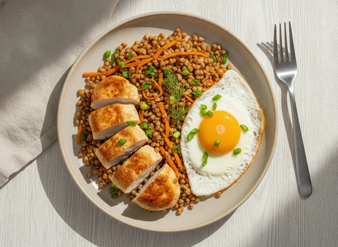 Гречневая каша с курицей и яйцом photo