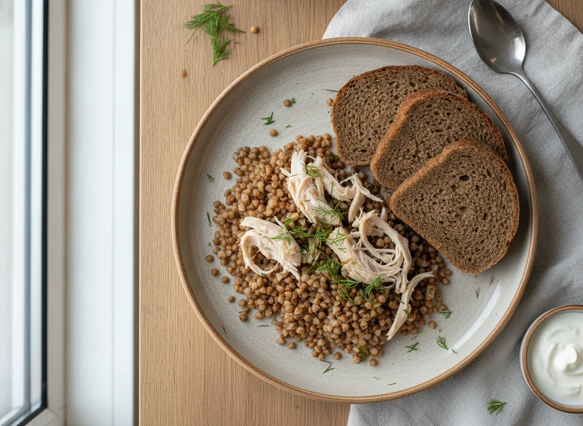Гречневая каша с курицей и хлебом photo