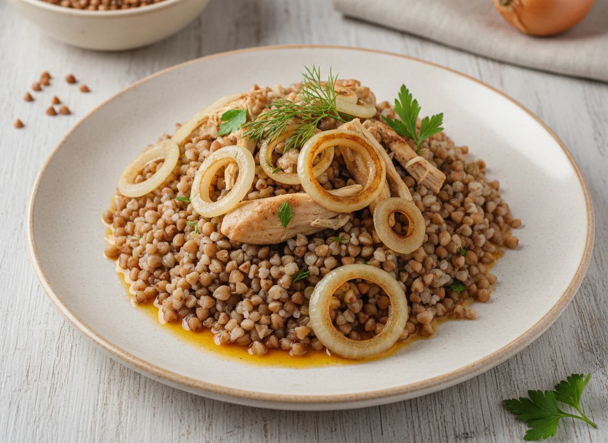 Гречневая каша с курицей и луком photo