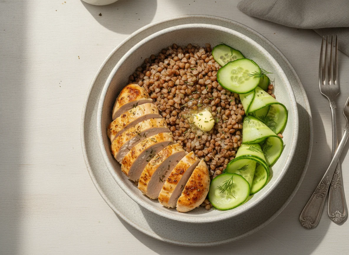 Гречневая каша с курицей и огурцом photo