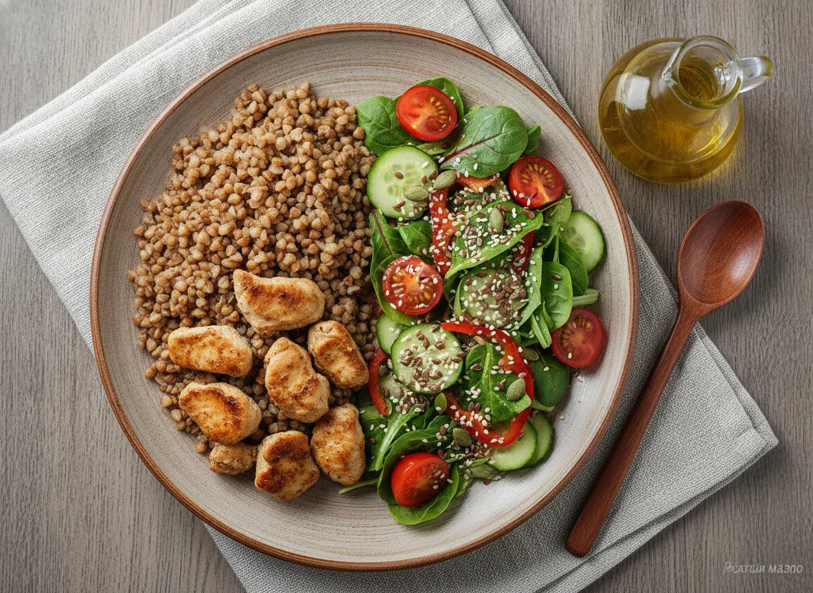 Гречневая каша с курицей и овощной салат photo