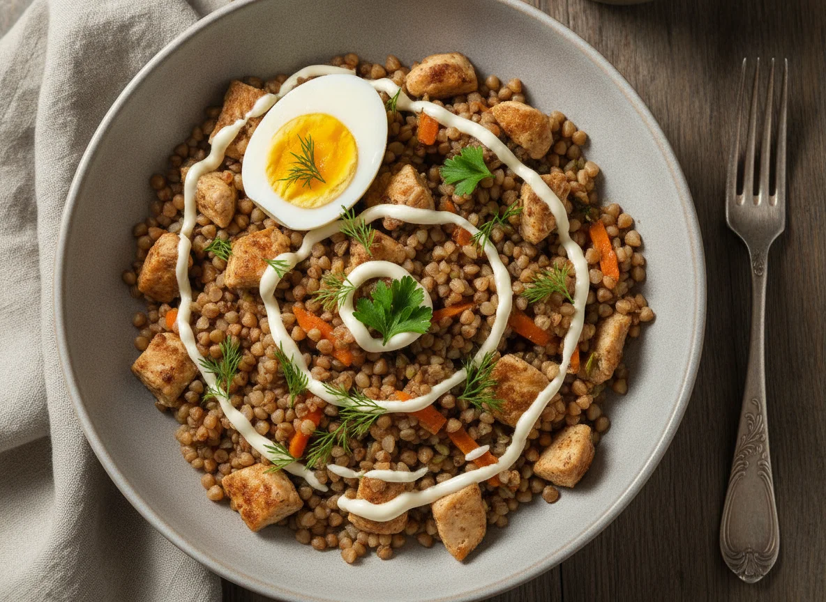 Гречневая каша с курицей и вареным яйцом photo