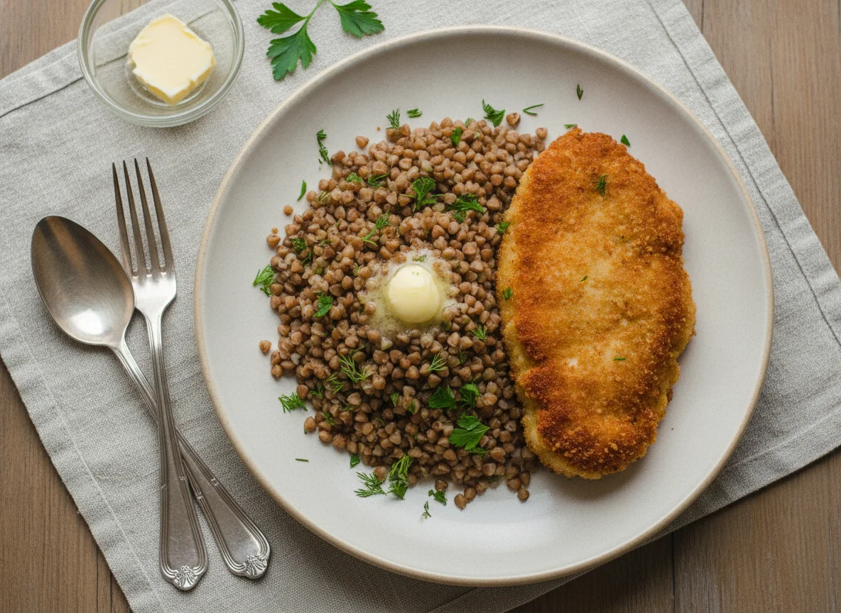 Гречневая каша с куриной отбивной photo