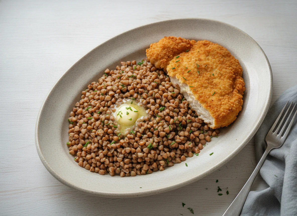 Гречневая каша с куриной отбивной в кляре photo
