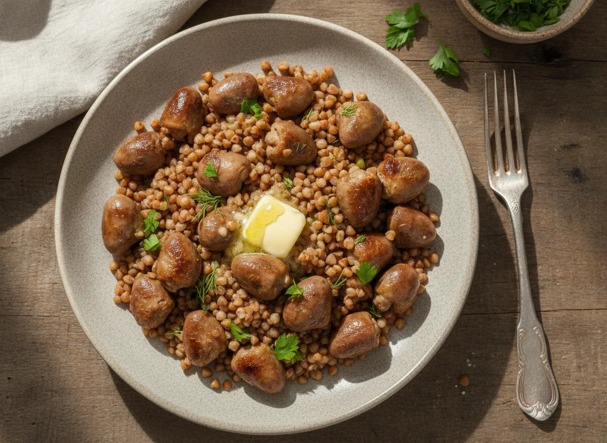 Гречневая каша с куриными сердечками photo