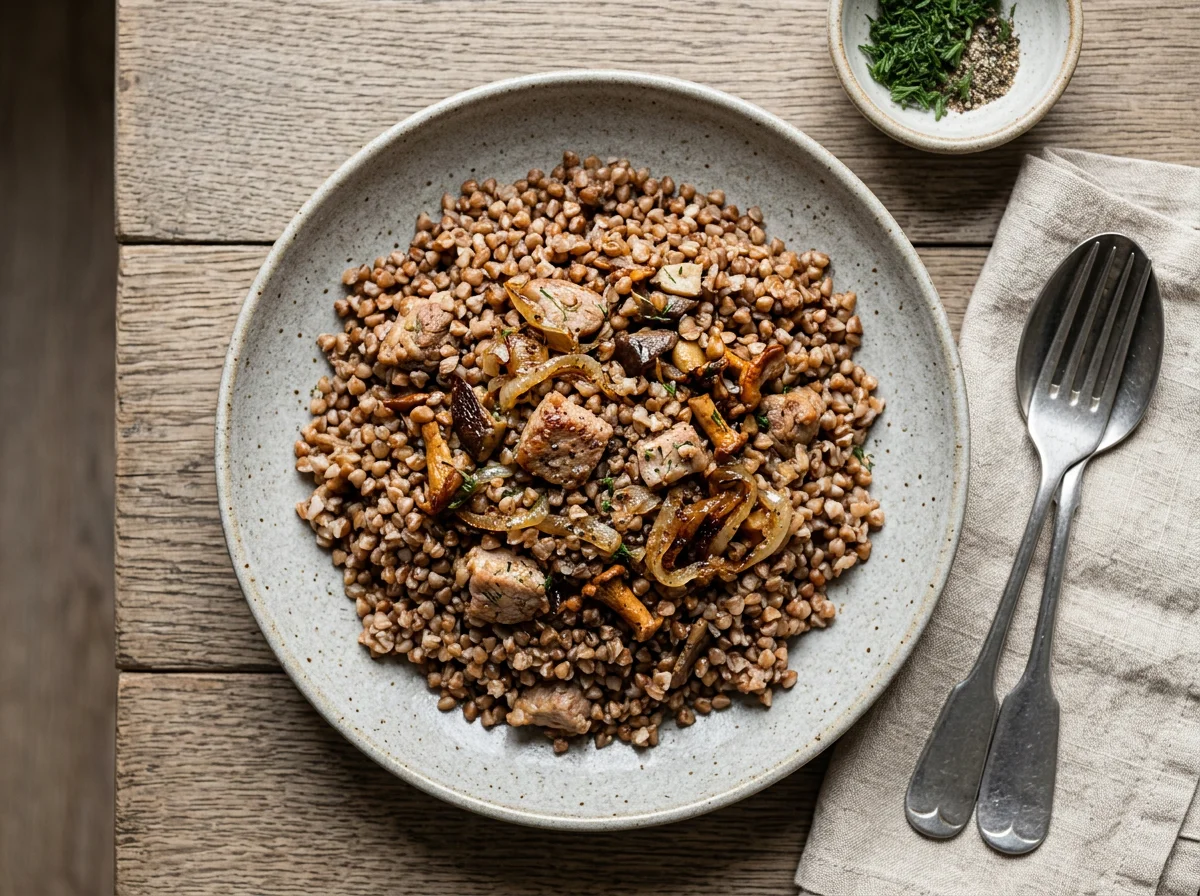 Гречневая каша с мясом или грибами photo