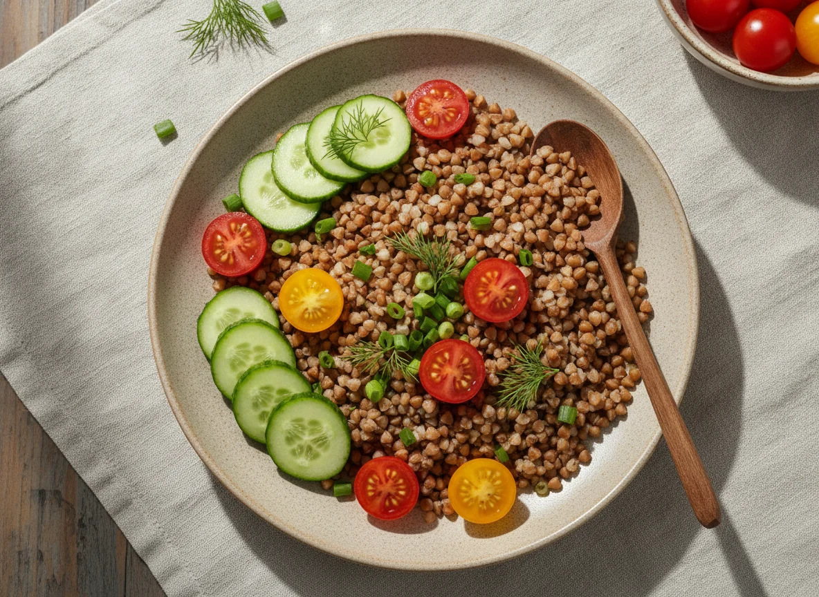 Гречневая каша с огурцами и помидорами черри photo